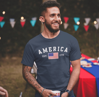 America Est 1776 Patriotic Unisex T-Shirt (White Print) Celebrate Freedom and Liberty, USA Tee, Independence Day Shirt - SKULLFURY MERCH