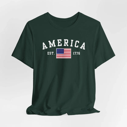 America Est 1776 Patriotic Unisex T-Shirt (White Print) Celebrate Freedom and Liberty, USA Tee, Independence Day Shirt - SKULLFURY MERCH