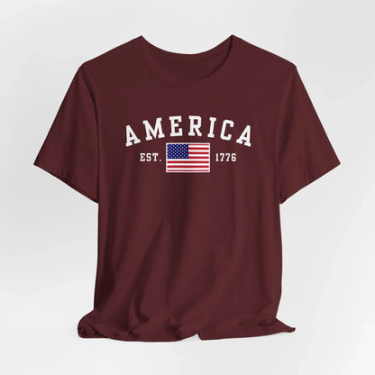 America Est 1776 Patriotic Unisex T-Shirt (White Print) Celebrate Freedom and Liberty, USA Tee, Independence Day Shirt - SKULLFURY MERCH