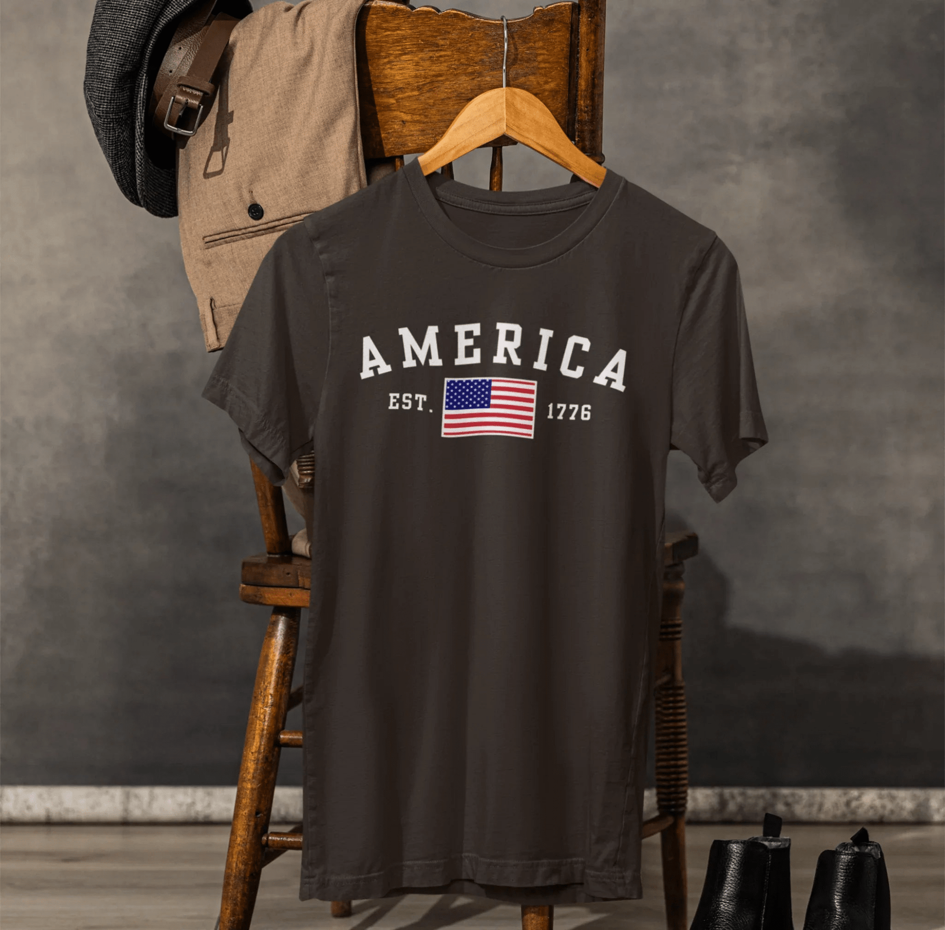 America Est 1776 Patriotic Unisex T-Shirt (White Print) Celebrate Freedom and Liberty, USA Tee, Independence Day Shirt - SKULLFURY MERCH