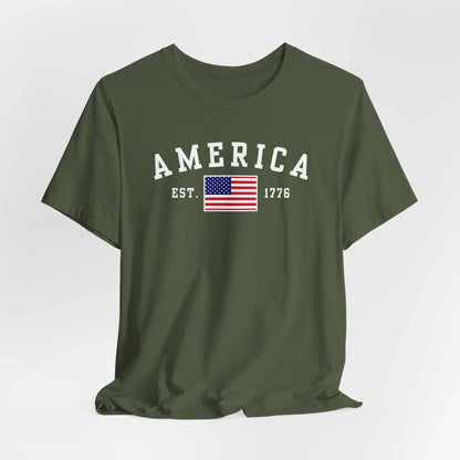 America Est 1776 Patriotic Unisex T-Shirt (White Print) Celebrate Freedom and Liberty, USA Tee, Independence Day Shirt - SKULLFURY MERCH