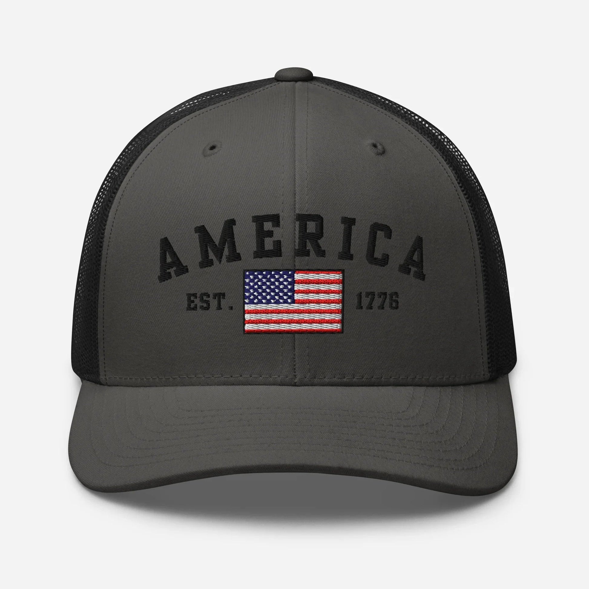 America Est. 1776 Trucker Hat – Black Embroidery, Patriotic Cap for Proud Americans, Perfect Gift for Freedom Lovers - SKULLFURY MERCH