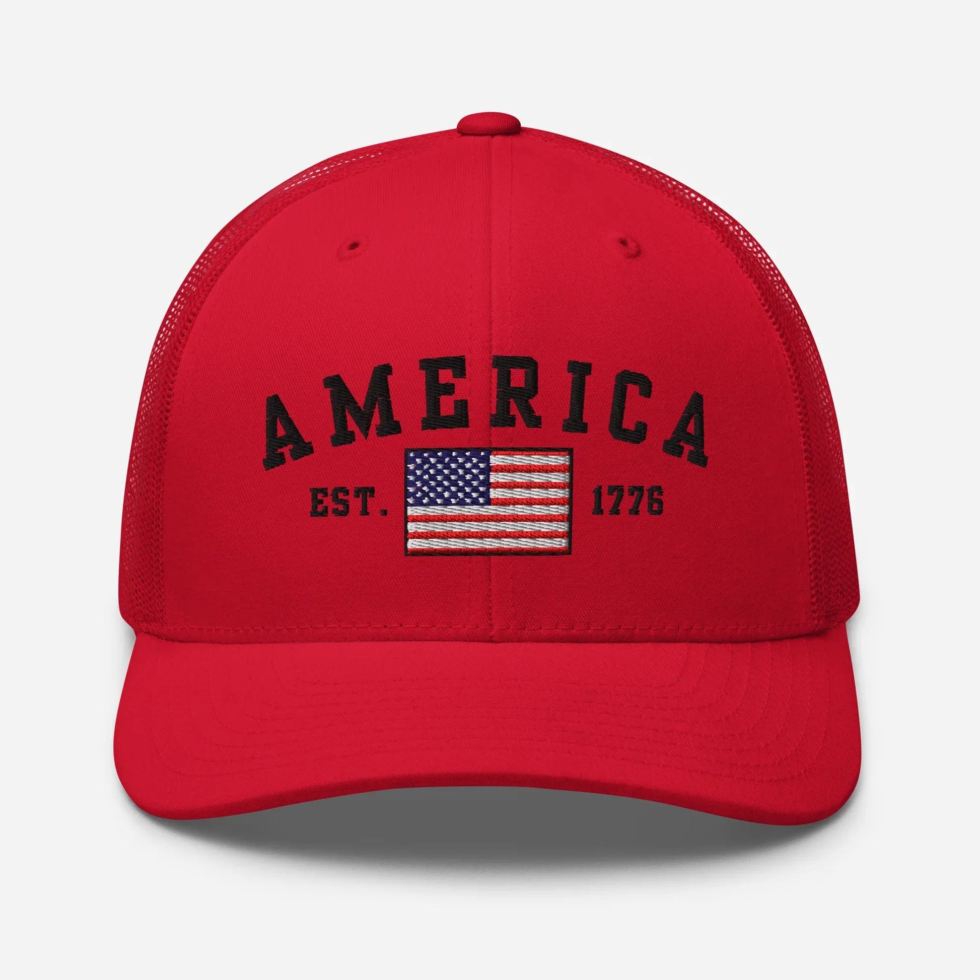 America Est. 1776 Trucker Hat – Black Embroidery, Patriotic Cap for Proud Americans, Perfect Gift for Freedom Lovers - SKULLFURY MERCH