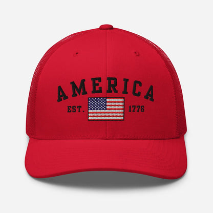 America Est. 1776 Trucker Hat – Black Embroidery, Patriotic Cap for Proud Americans, Perfect Gift for Freedom Lovers - SKULLFURY MERCH