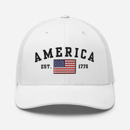 America Est. 1776 Trucker Hat – Black Embroidery, Patriotic Cap for Proud Americans, Perfect Gift for Freedom Lovers - SKULLFURY MERCH