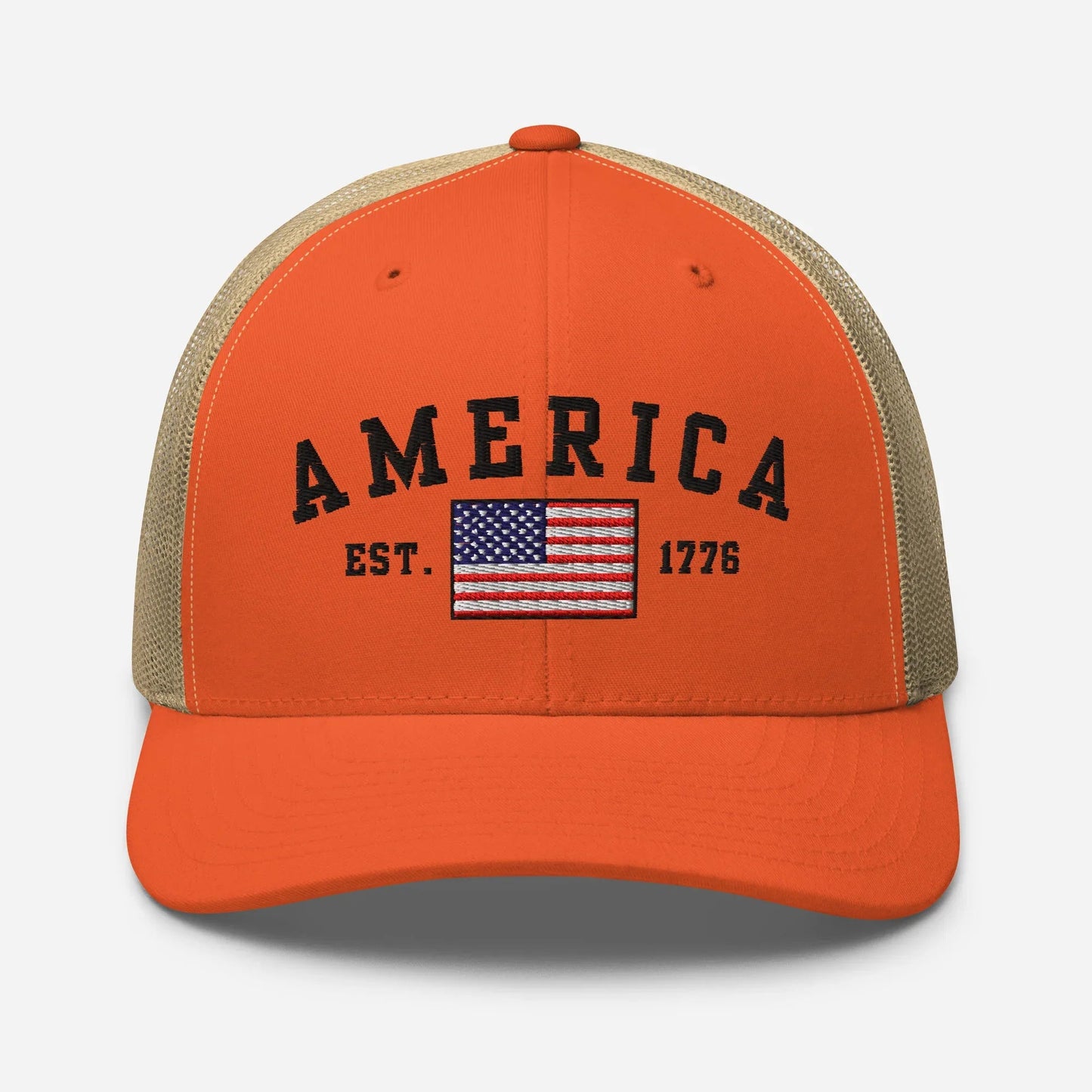 America Est. 1776 Trucker Hat – Black Embroidery, Patriotic Cap for Proud Americans, Perfect Gift for Freedom Lovers - SKULLFURY MERCH