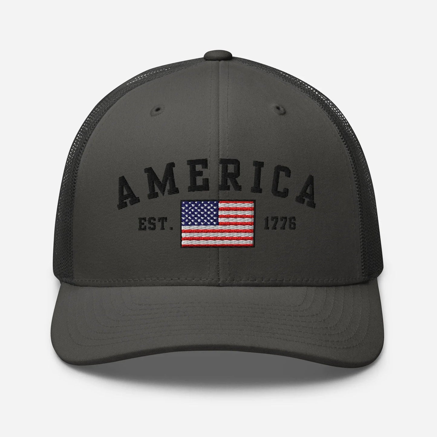 America Est. 1776 Trucker Hat – Black Embroidery, Patriotic Cap for Proud Americans, Perfect Gift for Freedom Lovers - SKULLFURY MERCH