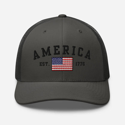 America Est. 1776 Trucker Hat – Black Embroidery, Patriotic Cap for Proud Americans, Perfect Gift for Freedom Lovers - SKULLFURY MERCH