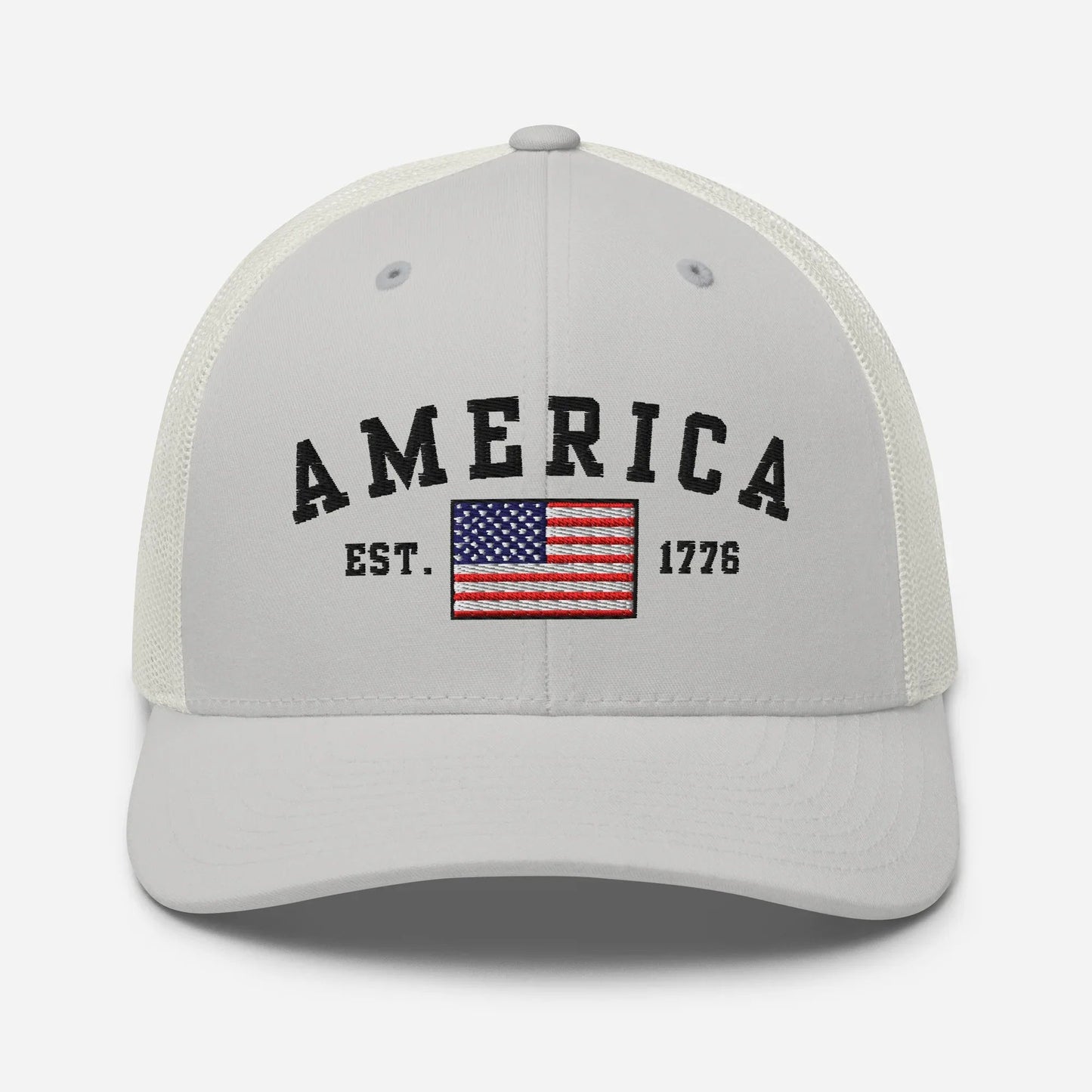America Est. 1776 Trucker Hat – Black Embroidery, Patriotic Cap for Proud Americans, Perfect Gift for Freedom Lovers - SKULLFURY MERCH