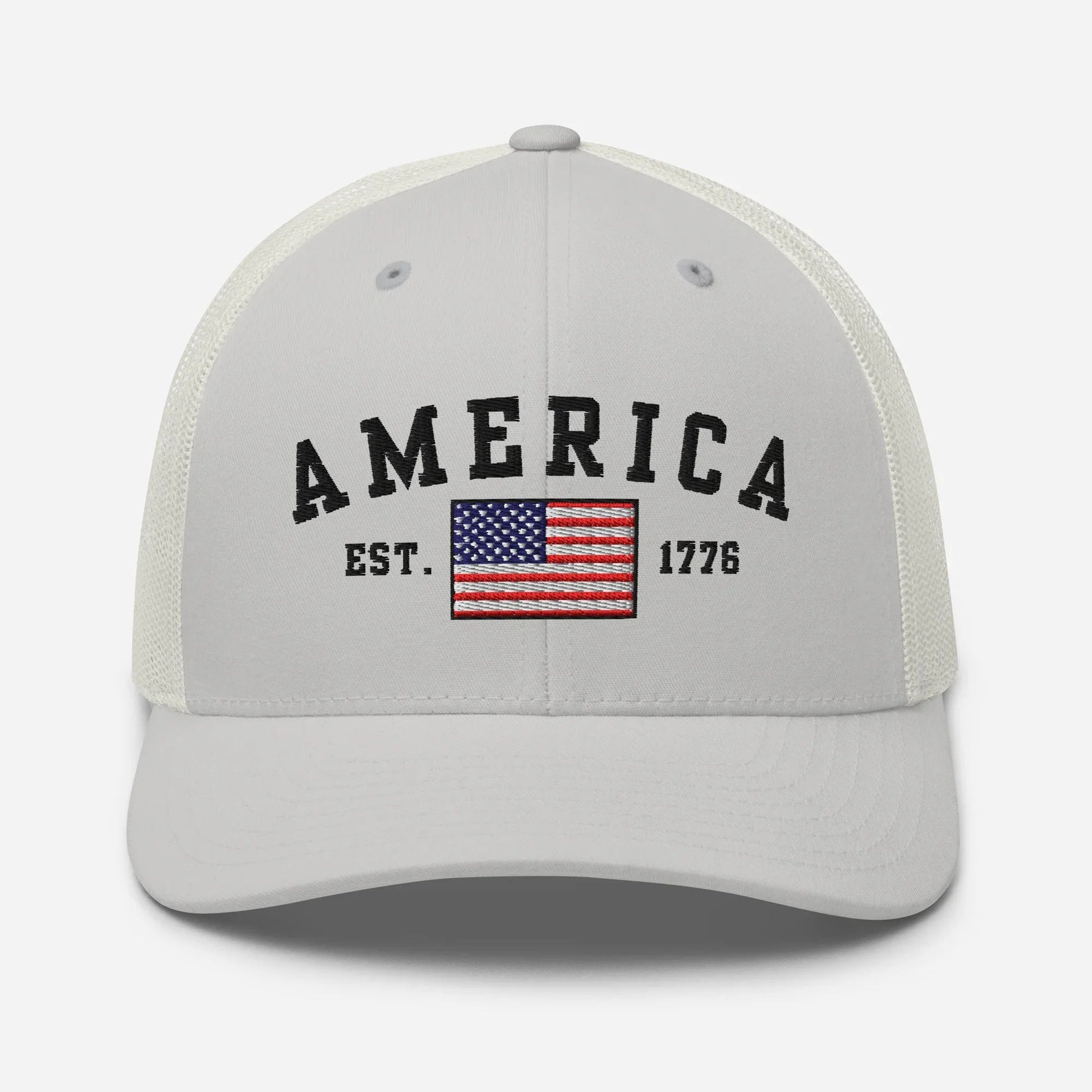 America Est. 1776 Trucker Hat – Black Embroidery, Patriotic Cap for Proud Americans, Perfect Gift for Freedom Lovers - SKULLFURY MERCH