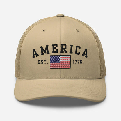 America Est. 1776 Trucker Hat – Black Embroidery, Patriotic Cap for Proud Americans, Perfect Gift for Freedom Lovers - SKULLFURY MERCH