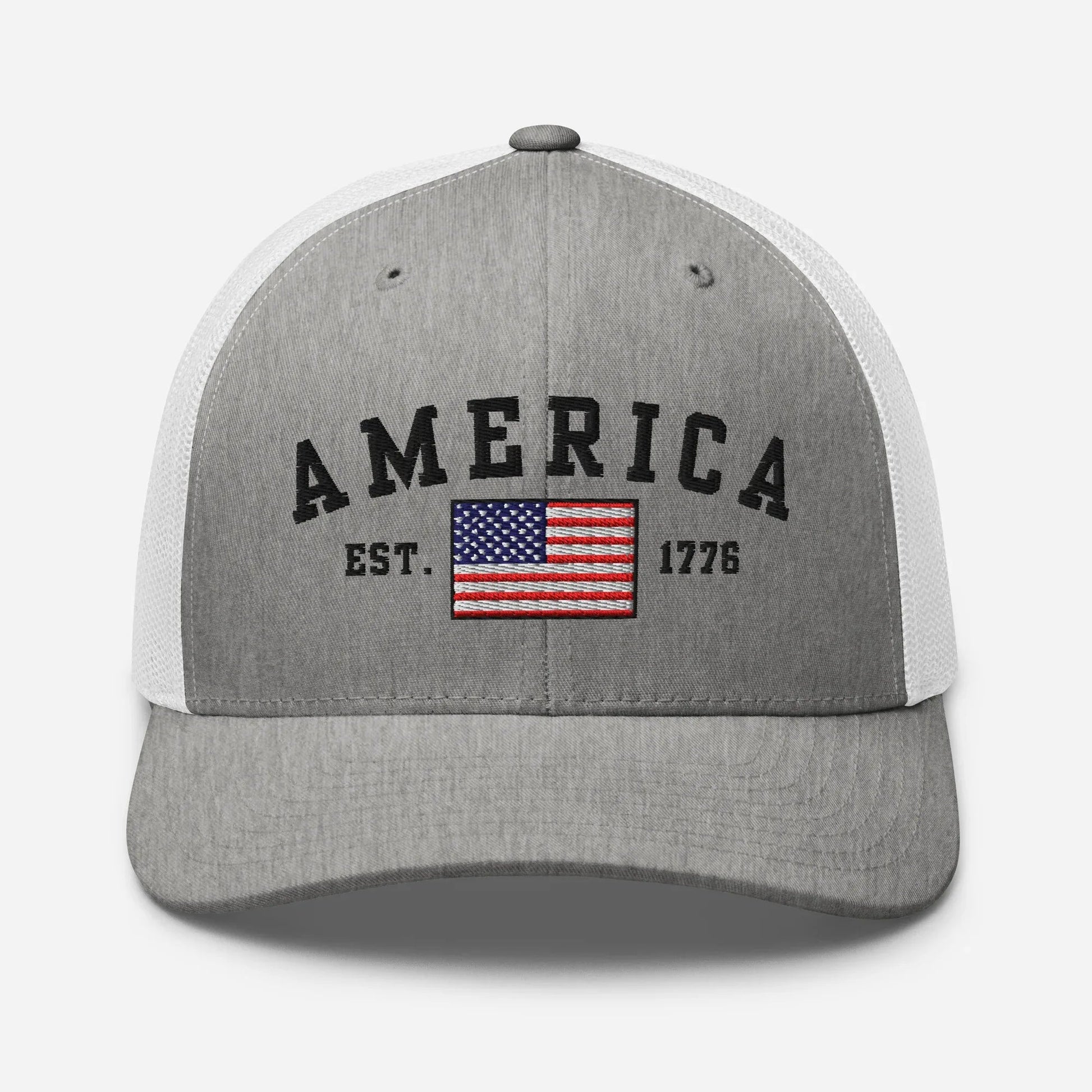 America Est. 1776 Trucker Hat – Black Embroidery, Patriotic Cap for Proud Americans, Perfect Gift for Freedom Lovers - SKULLFURY MERCH