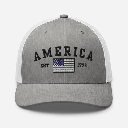 America Est. 1776 Trucker Hat – Black Embroidery, Patriotic Cap for Proud Americans, Perfect Gift for Freedom Lovers - SKULLFURY MERCH