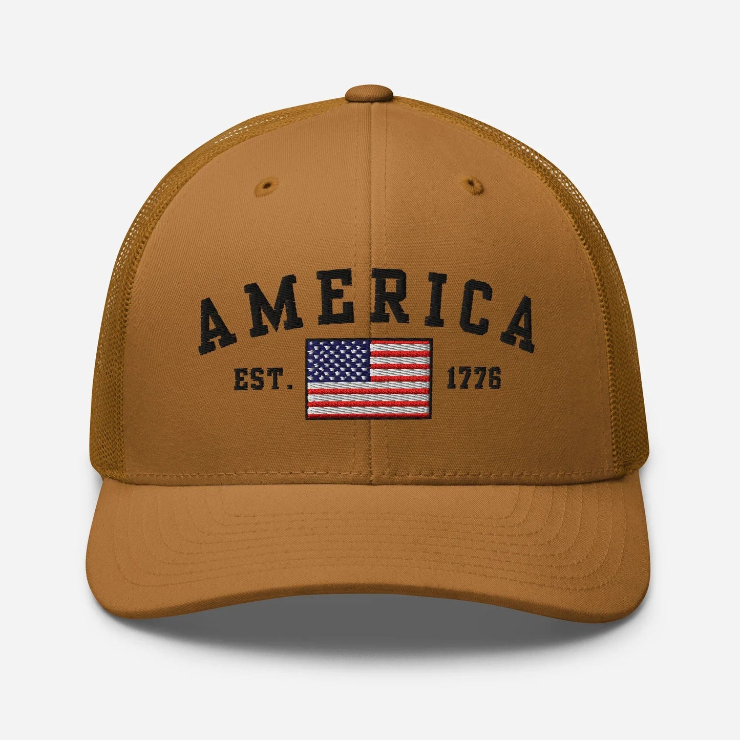 America Est. 1776 Trucker Hat – Black Embroidery, Patriotic Cap for Proud Americans, Perfect Gift for Freedom Lovers - SKULLFURY MERCH