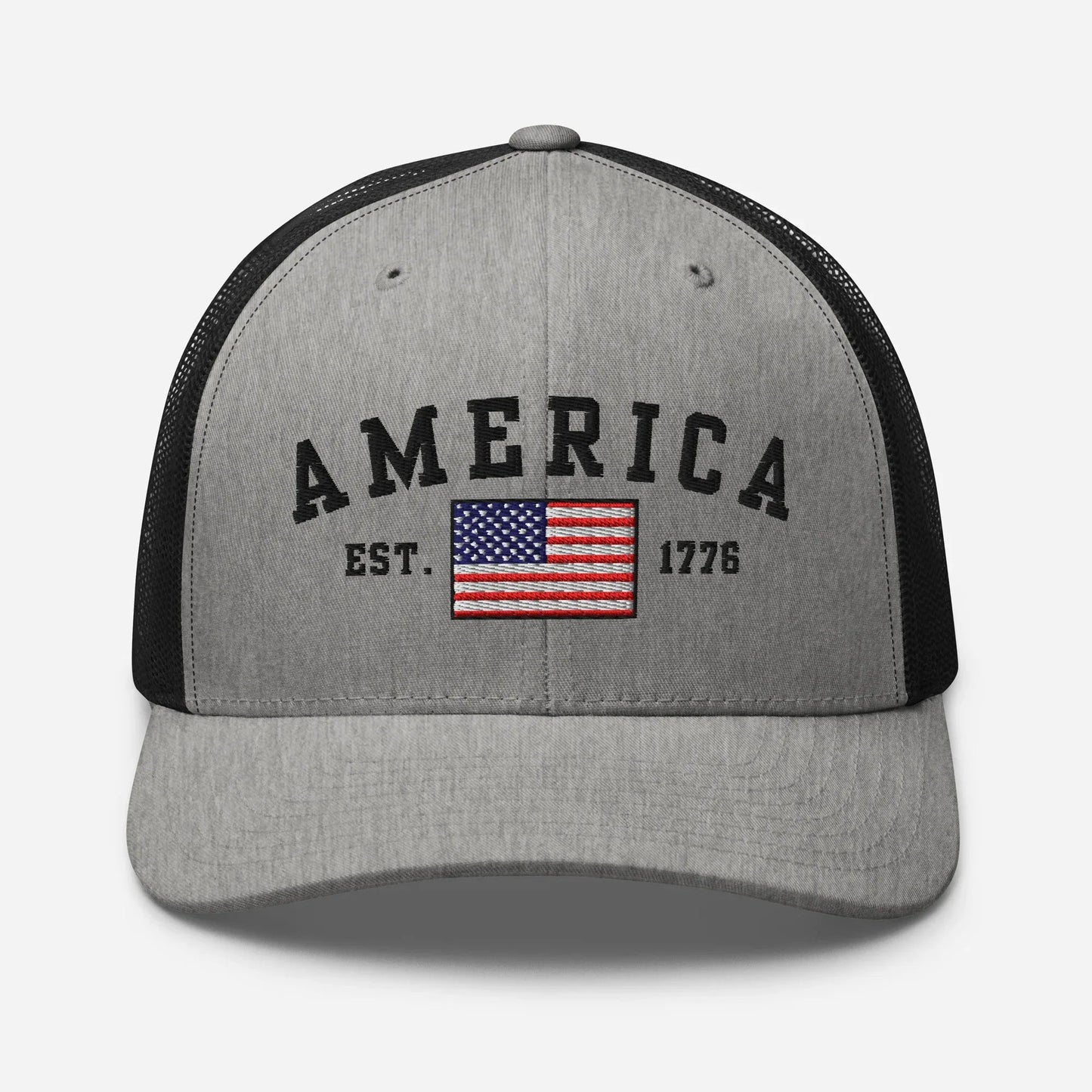 America Est. 1776 Trucker Hat – Black Embroidery, Patriotic Cap for Proud Americans, Perfect Gift for Freedom Lovers - SKULLFURY MERCH