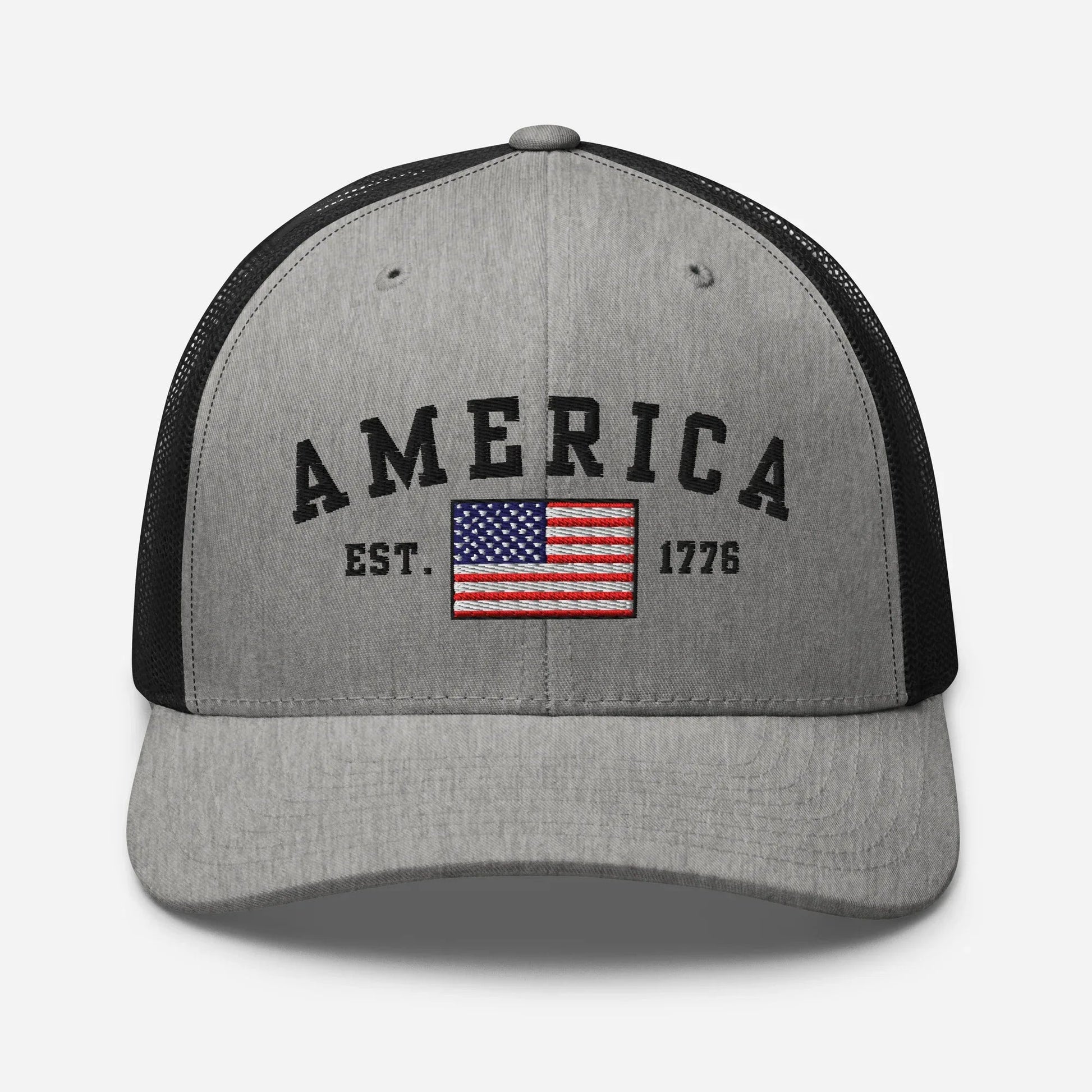 America Est. 1776 Trucker Hat – Black Embroidery, Patriotic Cap for Proud Americans, Perfect Gift for Freedom Lovers - SKULLFURY MERCH