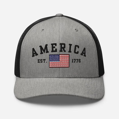 America Est. 1776 Trucker Hat – Black Embroidery, Patriotic Cap for Proud Americans, Perfect Gift for Freedom Lovers - SKULLFURY MERCH