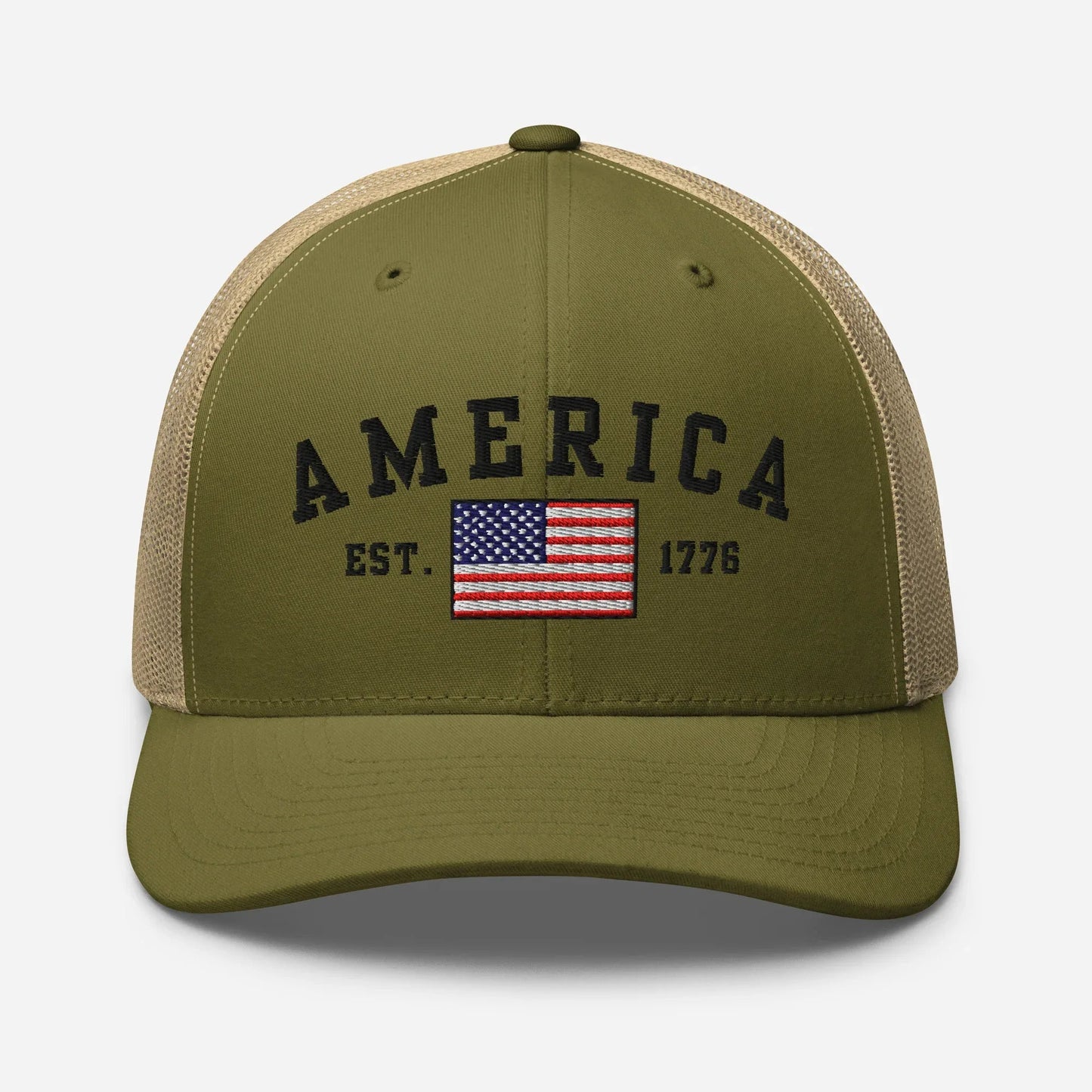America Est. 1776 Trucker Hat – Black Embroidery, Patriotic Cap for Proud Americans, Perfect Gift for Freedom Lovers - SKULLFURY MERCH