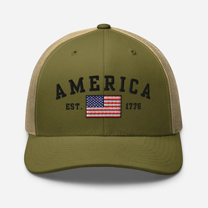 America Est. 1776 Trucker Hat – Black Embroidery, Patriotic Cap for Proud Americans, Perfect Gift for Freedom Lovers - SKULLFURY MERCH