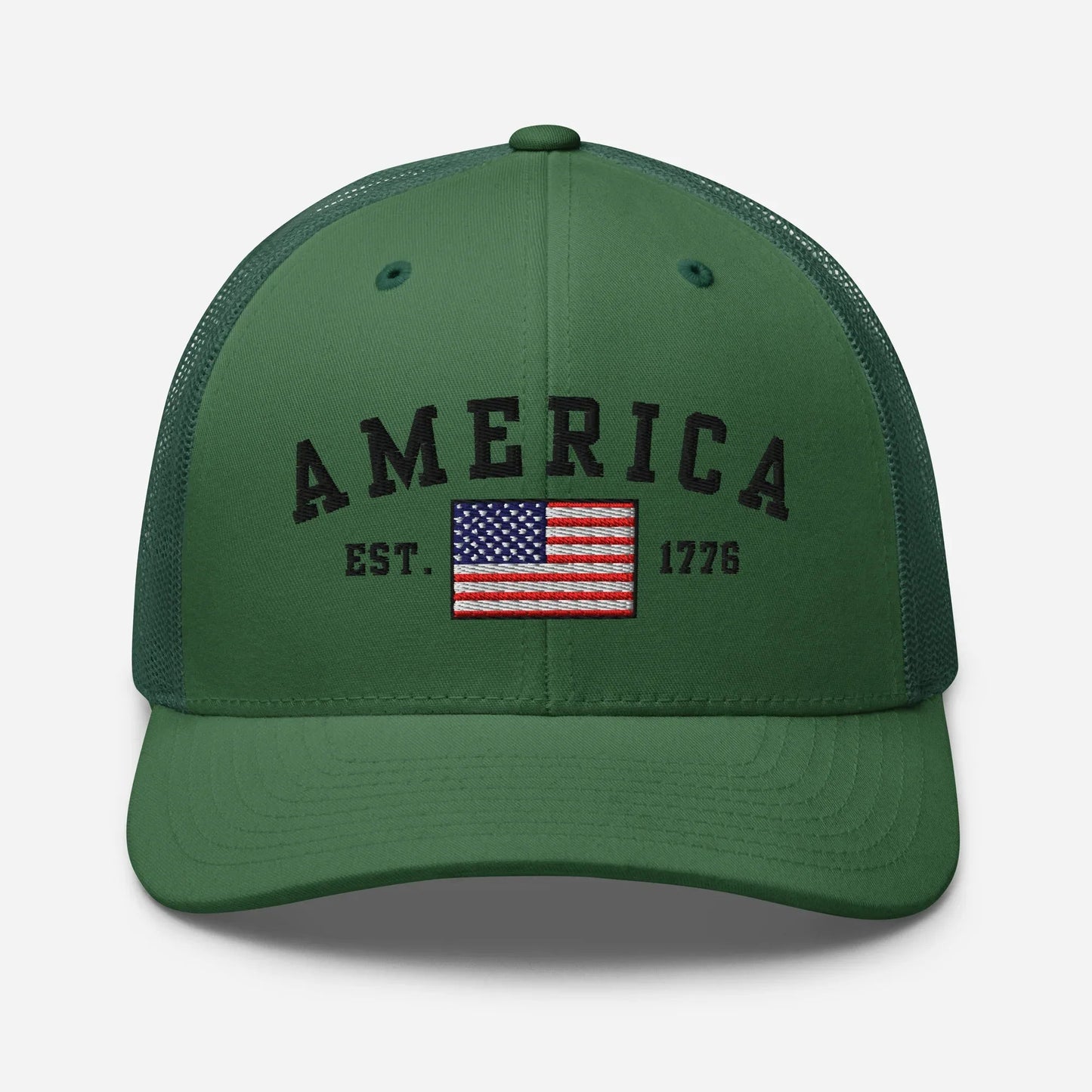 America Est. 1776 Trucker Hat – Black Embroidery, Patriotic Cap for Proud Americans, Perfect Gift for Freedom Lovers - SKULLFURY MERCH
