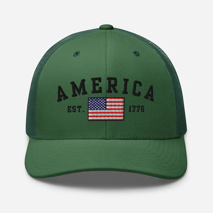 America Est. 1776 Trucker Hat – Black Embroidery, Patriotic Cap for Proud Americans, Perfect Gift for Freedom Lovers - SKULLFURY MERCH
