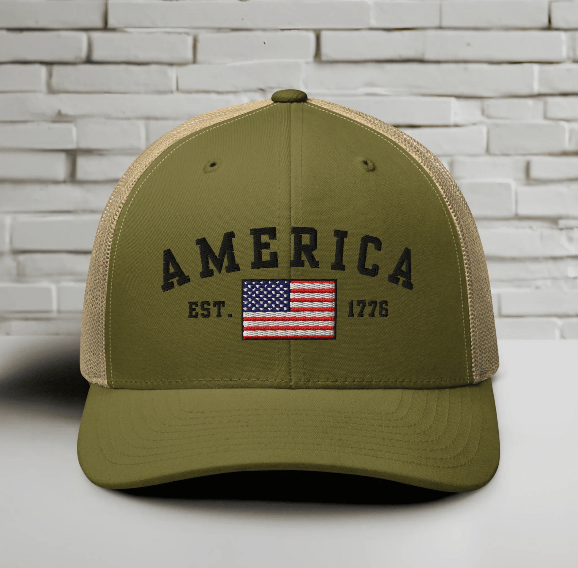 America Est. 1776 Trucker Hat – Black Embroidery, Patriotic Cap for Proud Americans, Perfect Gift for Freedom Lovers - SKULLFURY MERCH