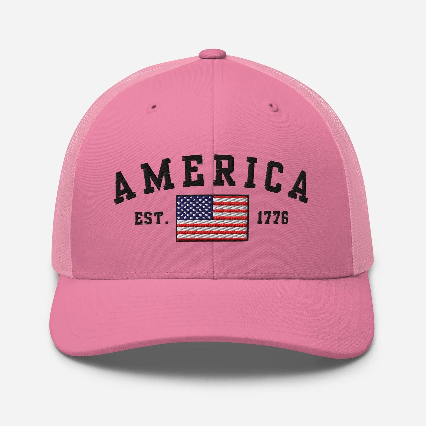 America Est. 1776 Trucker Hat – Black Embroidery, Patriotic Cap for Proud Americans, Perfect Gift for Freedom Lovers - SKULLFURY MERCH