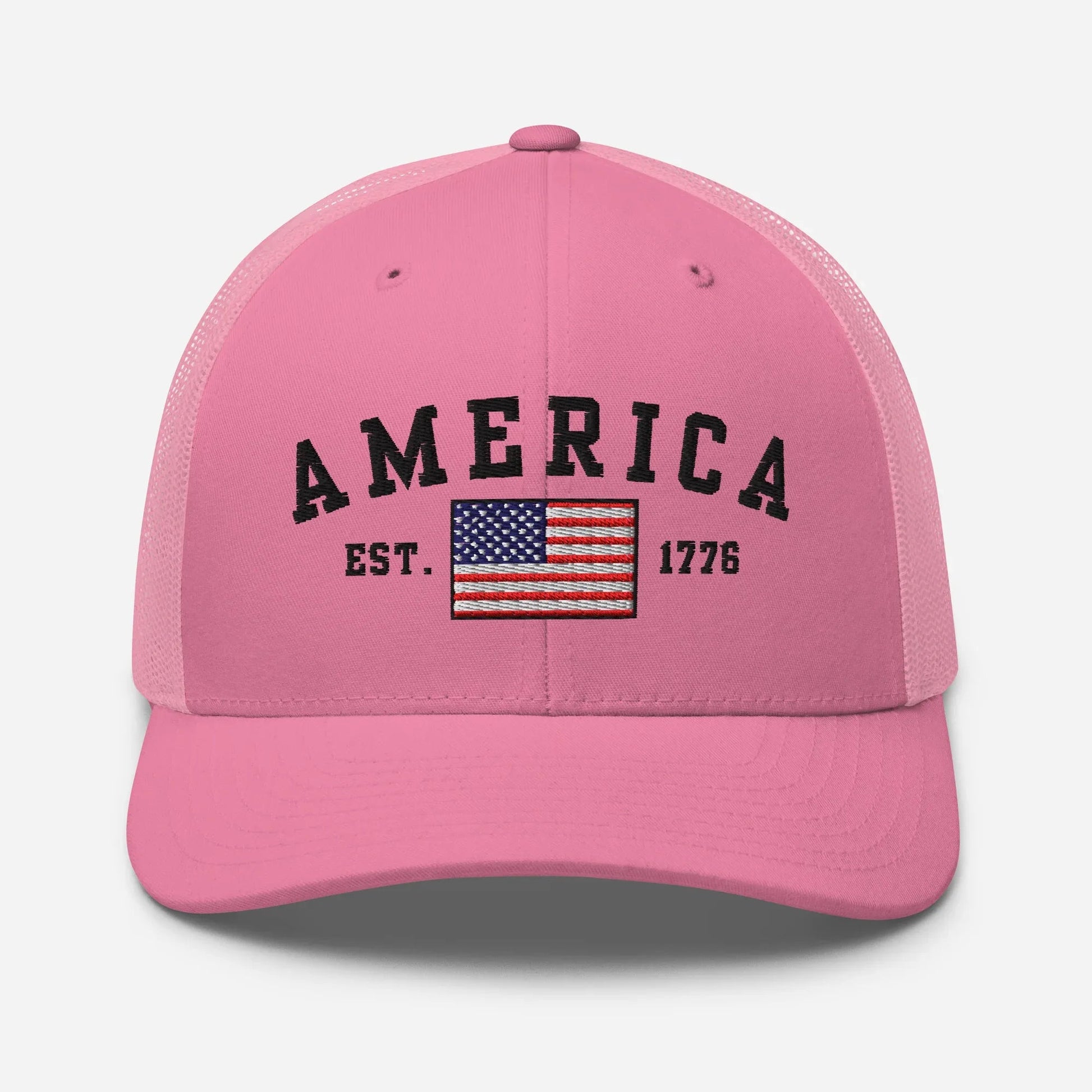 America Est. 1776 Trucker Hat – Black Embroidery, Patriotic Cap for Proud Americans, Perfect Gift for Freedom Lovers - SKULLFURY MERCH