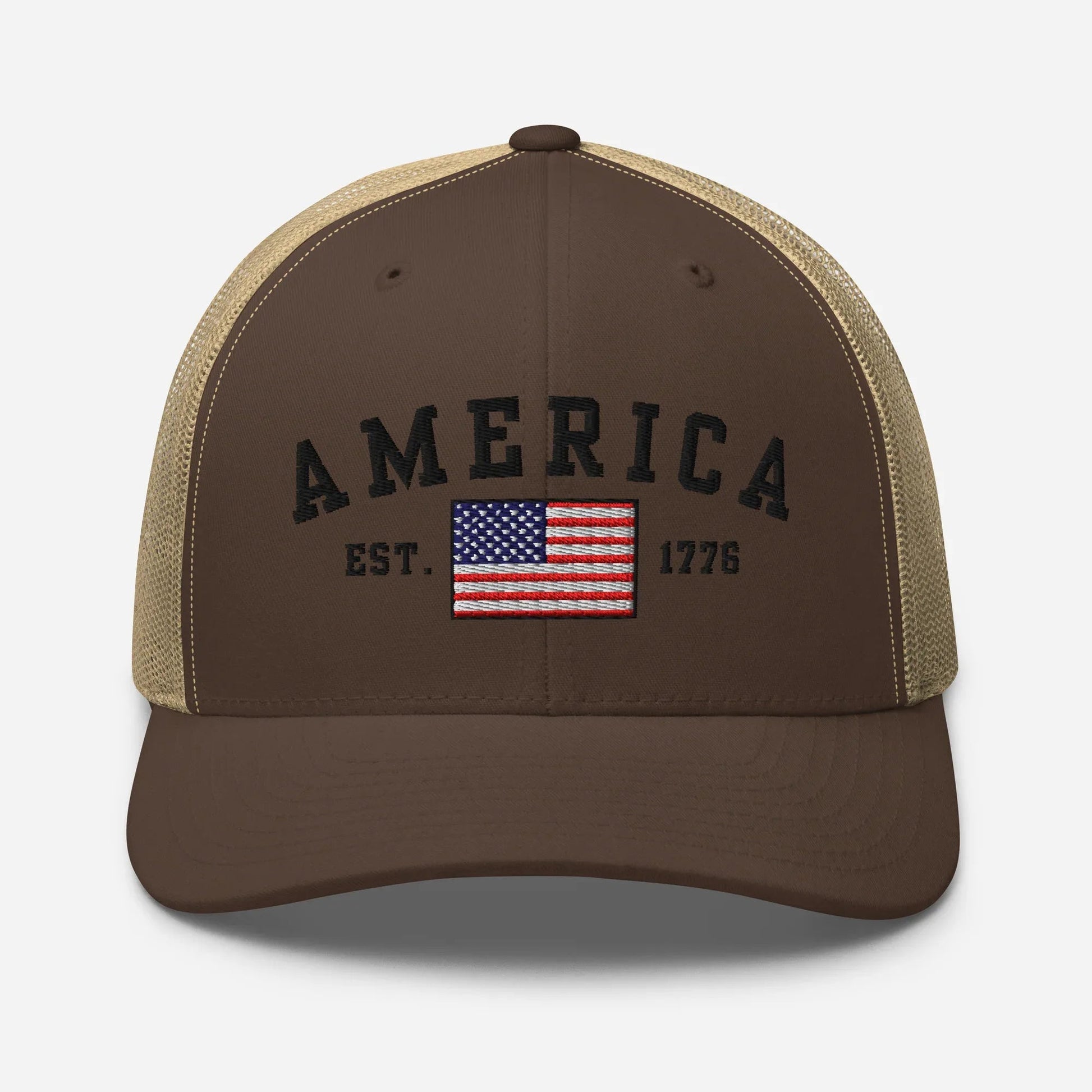 America Est. 1776 Trucker Hat – Black Embroidery, Patriotic Cap for Proud Americans, Perfect Gift for Freedom Lovers - SKULLFURY MERCH