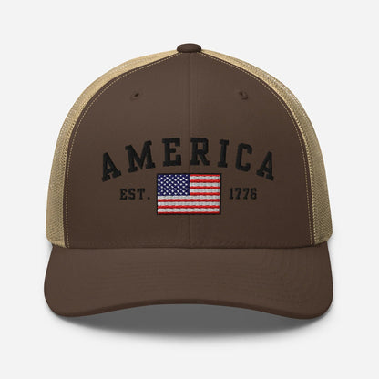America Est. 1776 Trucker Hat – Black Embroidery, Patriotic Cap for Proud Americans, Perfect Gift for Freedom Lovers - SKULLFURY MERCH