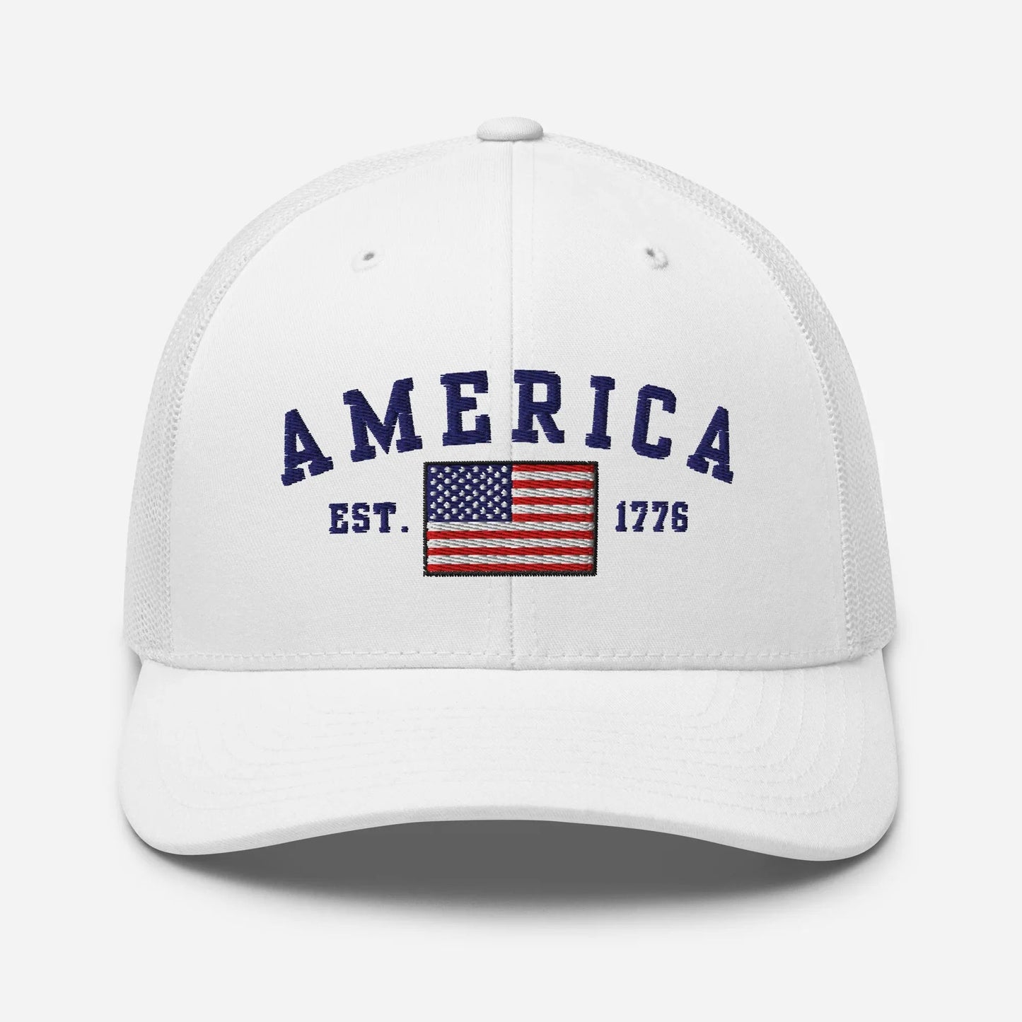America Est. 1776 Trucker Hat – Blue Embroidery, Patriotic Cap for Proud Americans, Perfect Gift for Freedom Lovers - SKULLFURY MERCH