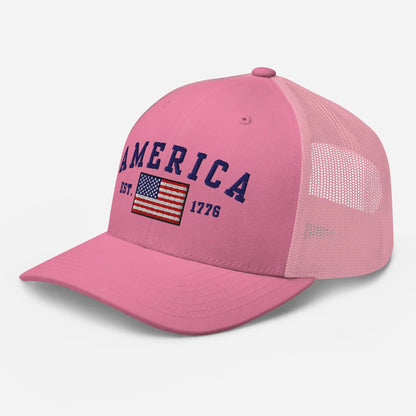 America Est. 1776 Trucker Hat – Blue Embroidery, Patriotic Cap for Proud Americans, Perfect Gift for Freedom Lovers - SKULLFURY MERCH