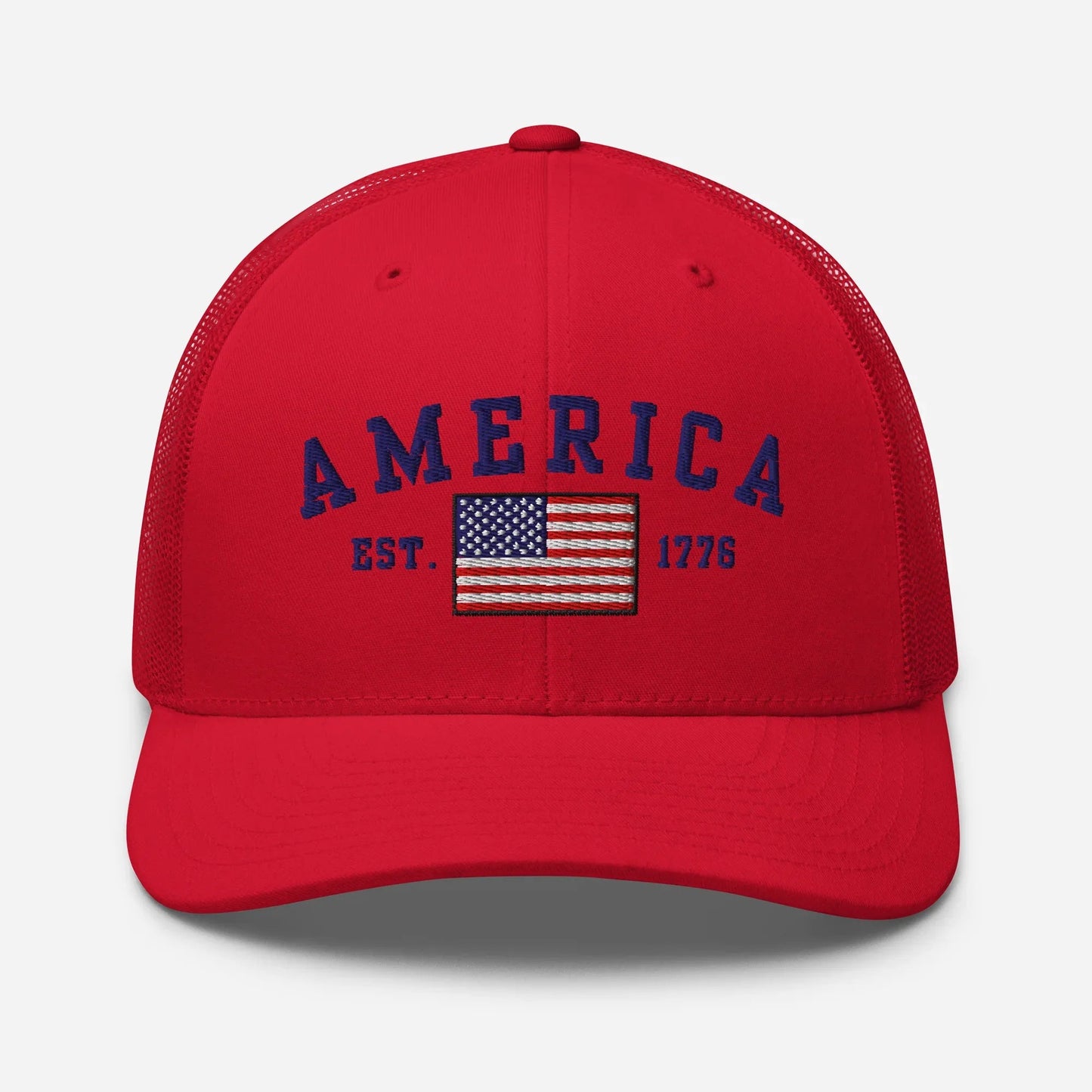 America Est. 1776 Trucker Hat – Blue Embroidery, Patriotic Cap for Proud Americans, Perfect Gift for Freedom Lovers - SKULLFURY MERCH