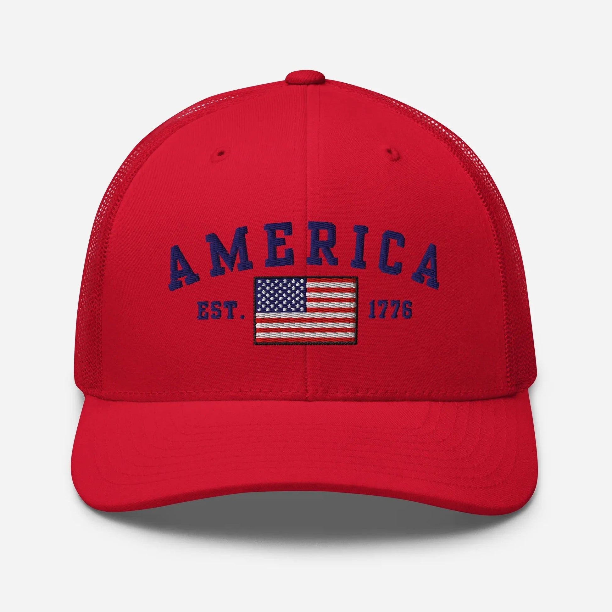 America Est. 1776 Trucker Hat – Blue Embroidery, Patriotic Cap for Proud Americans, Perfect Gift for Freedom Lovers - SKULLFURY MERCH