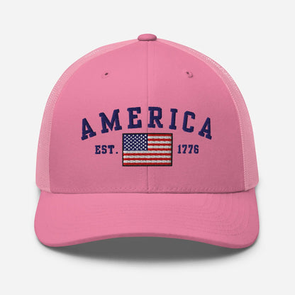 America Est. 1776 Trucker Hat – Blue Embroidery, Patriotic Cap for Proud Americans, Perfect Gift for Freedom Lovers - SKULLFURY MERCH