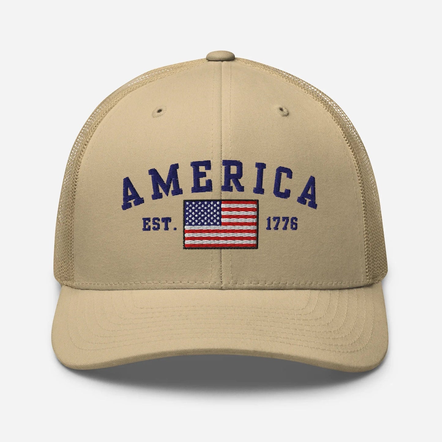 America Est. 1776 Trucker Hat – Blue Embroidery, Patriotic Cap for Proud Americans, Perfect Gift for Freedom Lovers - SKULLFURY MERCH