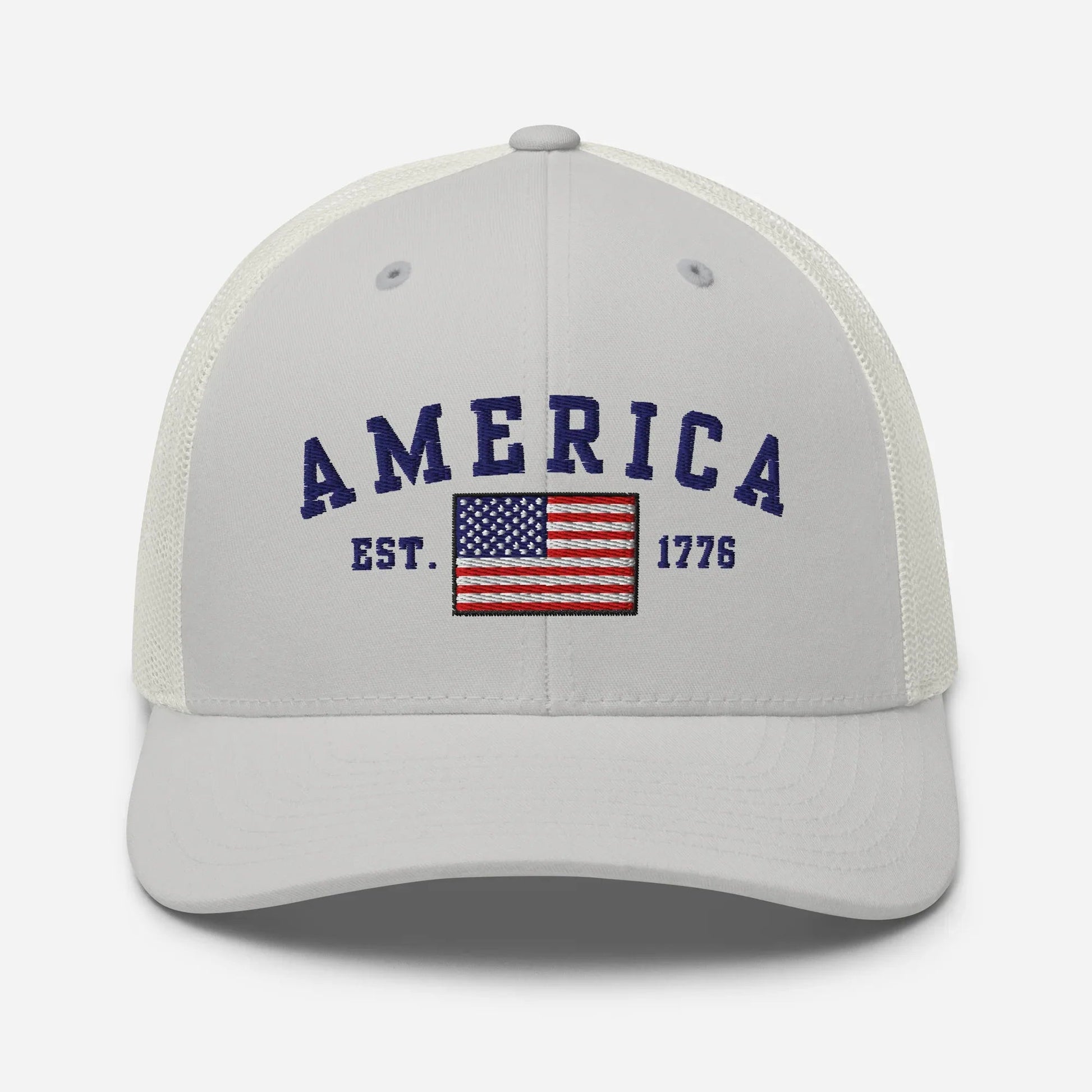 America Est. 1776 Trucker Hat – Blue Embroidery, Patriotic Cap for Proud Americans, Perfect Gift for Freedom Lovers - SKULLFURY MERCH