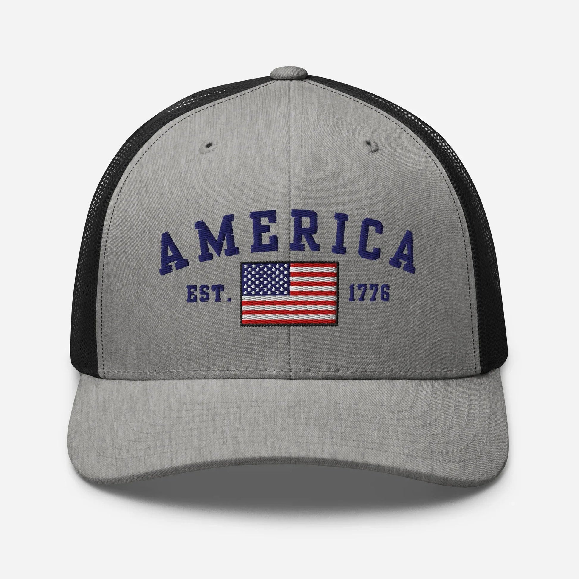 America Est. 1776 Trucker Hat – Blue Embroidery, Patriotic Cap for Proud Americans, Perfect Gift for Freedom Lovers - SKULLFURY MERCH