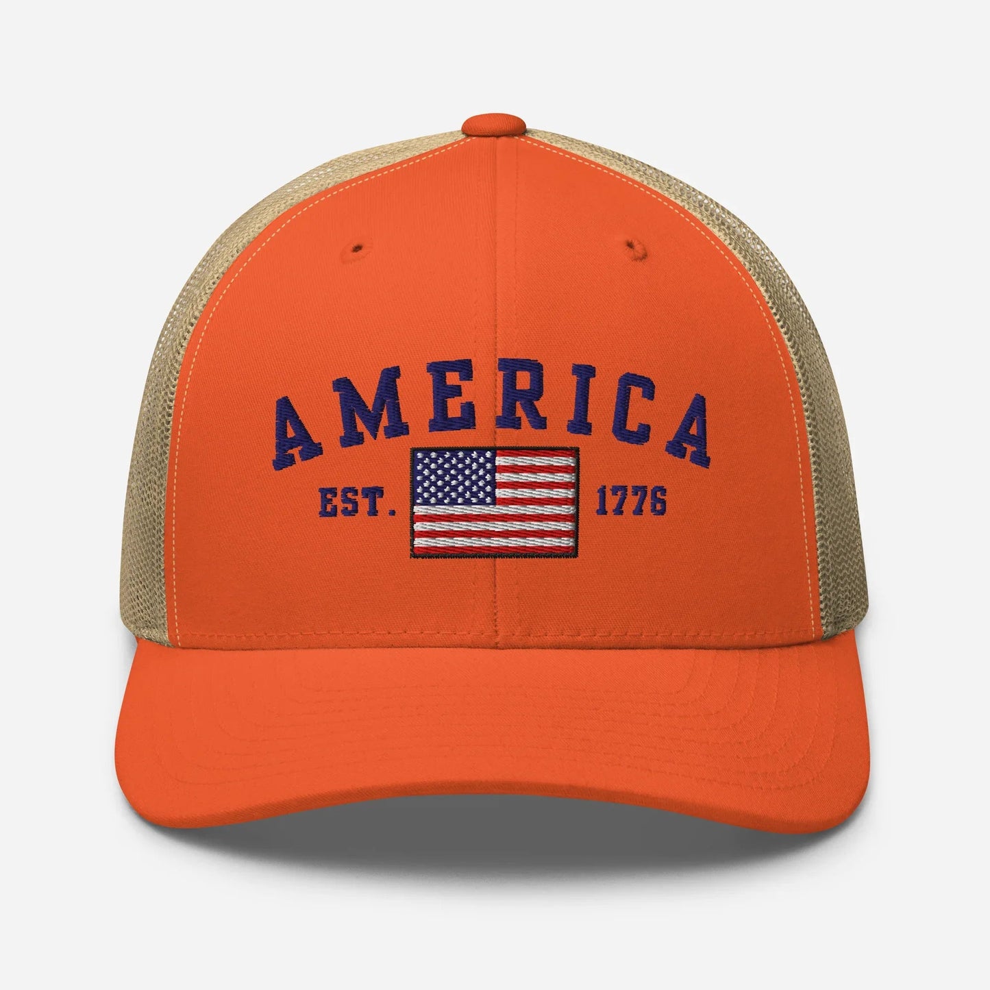 America Est. 1776 Trucker Hat – Blue Embroidery, Patriotic Cap for Proud Americans, Perfect Gift for Freedom Lovers - SKULLFURY MERCH
