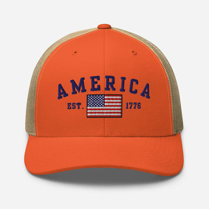 America Est. 1776 Trucker Hat – Blue Embroidery, Patriotic Cap for Proud Americans, Perfect Gift for Freedom Lovers - SKULLFURY MERCH