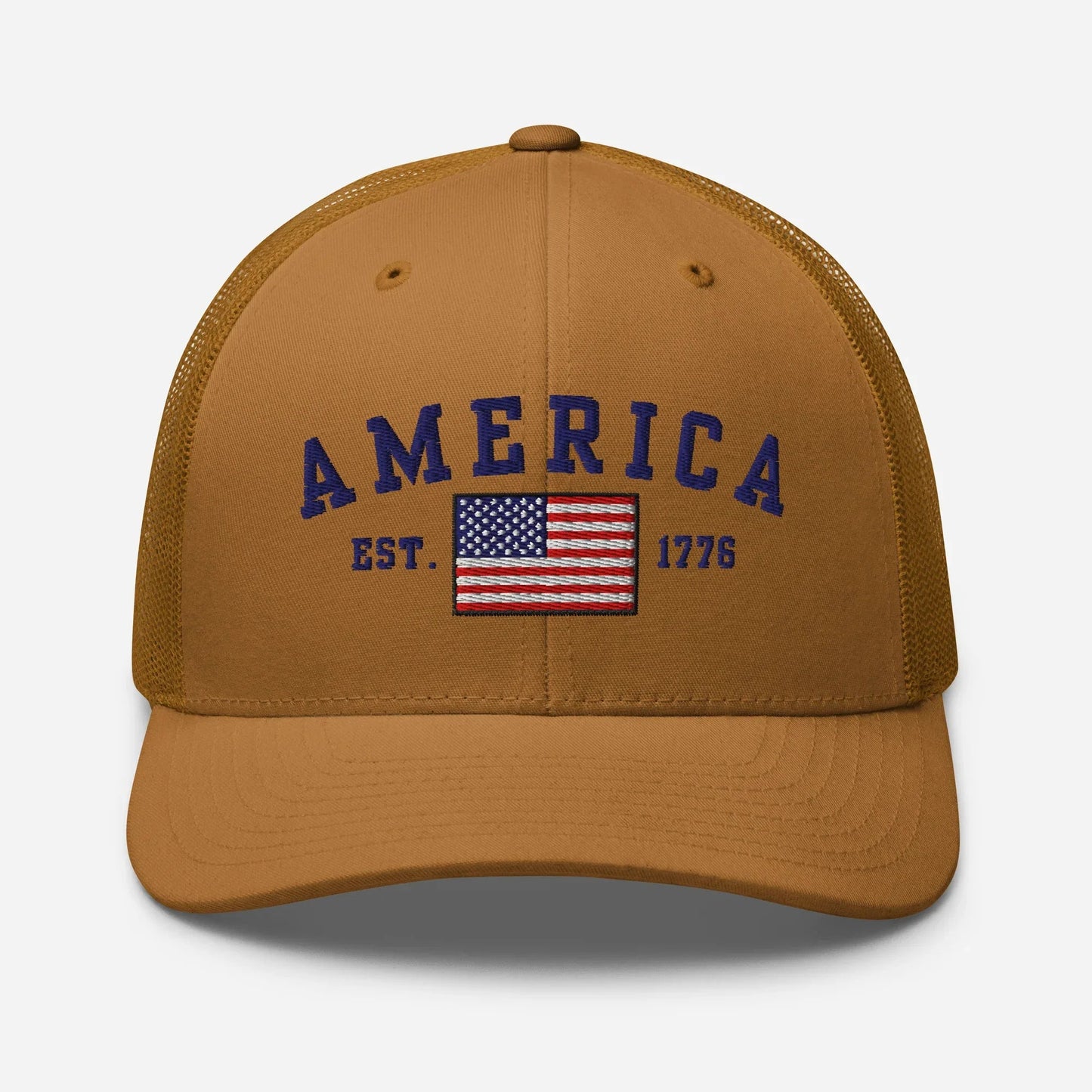 America Est. 1776 Trucker Hat – Blue Embroidery, Patriotic Cap for Proud Americans, Perfect Gift for Freedom Lovers - SKULLFURY MERCH
