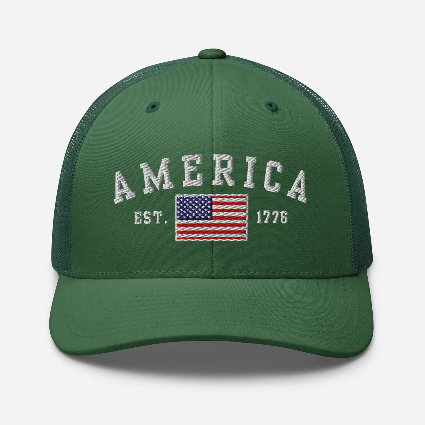 America Est. 1776 Trucker Hat – White Embroidery, Patriotic Cap for Proud Americans, Perfect Gift for Freedom Lovers - SKULLFURY MERCH