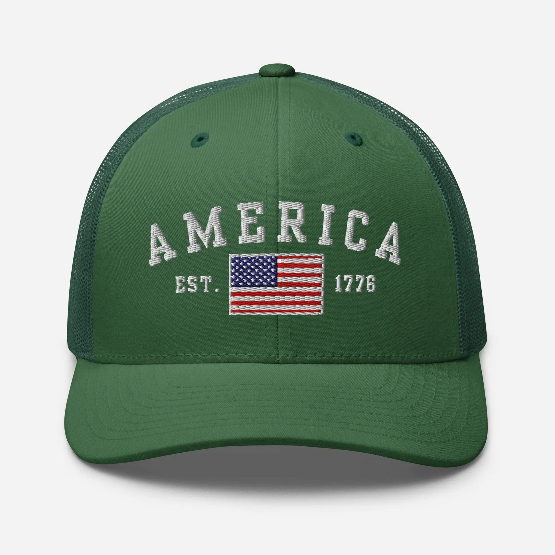 America Est. 1776 Trucker Hat – White Embroidery, Patriotic Cap for Proud Americans, Perfect Gift for Freedom Lovers - SKULLFURY MERCH