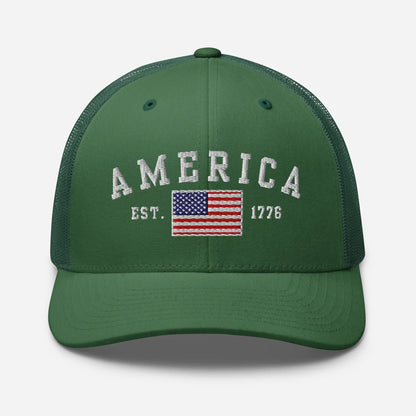 America Est. 1776 Trucker Hat – White Embroidery, Patriotic Cap for Proud Americans, Perfect Gift for Freedom Lovers - SKULLFURY MERCH