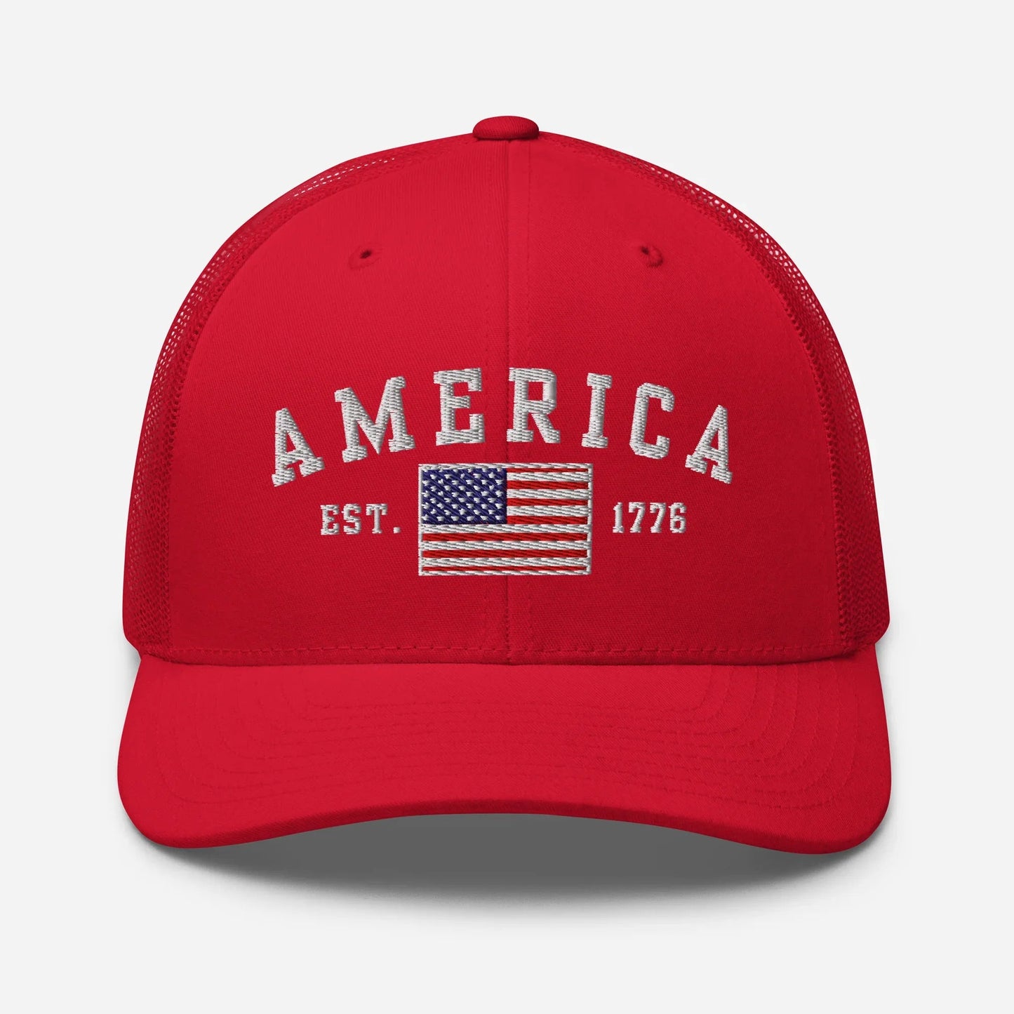 America Est. 1776 Trucker Hat – White Embroidery, Patriotic Cap for Proud Americans, Perfect Gift for Freedom Lovers - SKULLFURY MERCH
