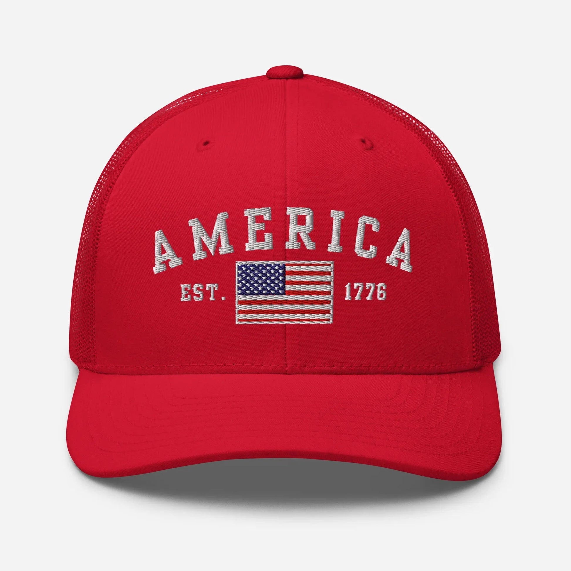 America Est. 1776 Trucker Hat – White Embroidery, Patriotic Cap for Proud Americans, Perfect Gift for Freedom Lovers - SKULLFURY MERCH