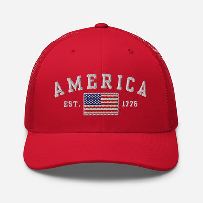 America Est. 1776 Trucker Hat – White Embroidery, Patriotic Cap for Proud Americans, Perfect Gift for Freedom Lovers - SKULLFURY MERCH