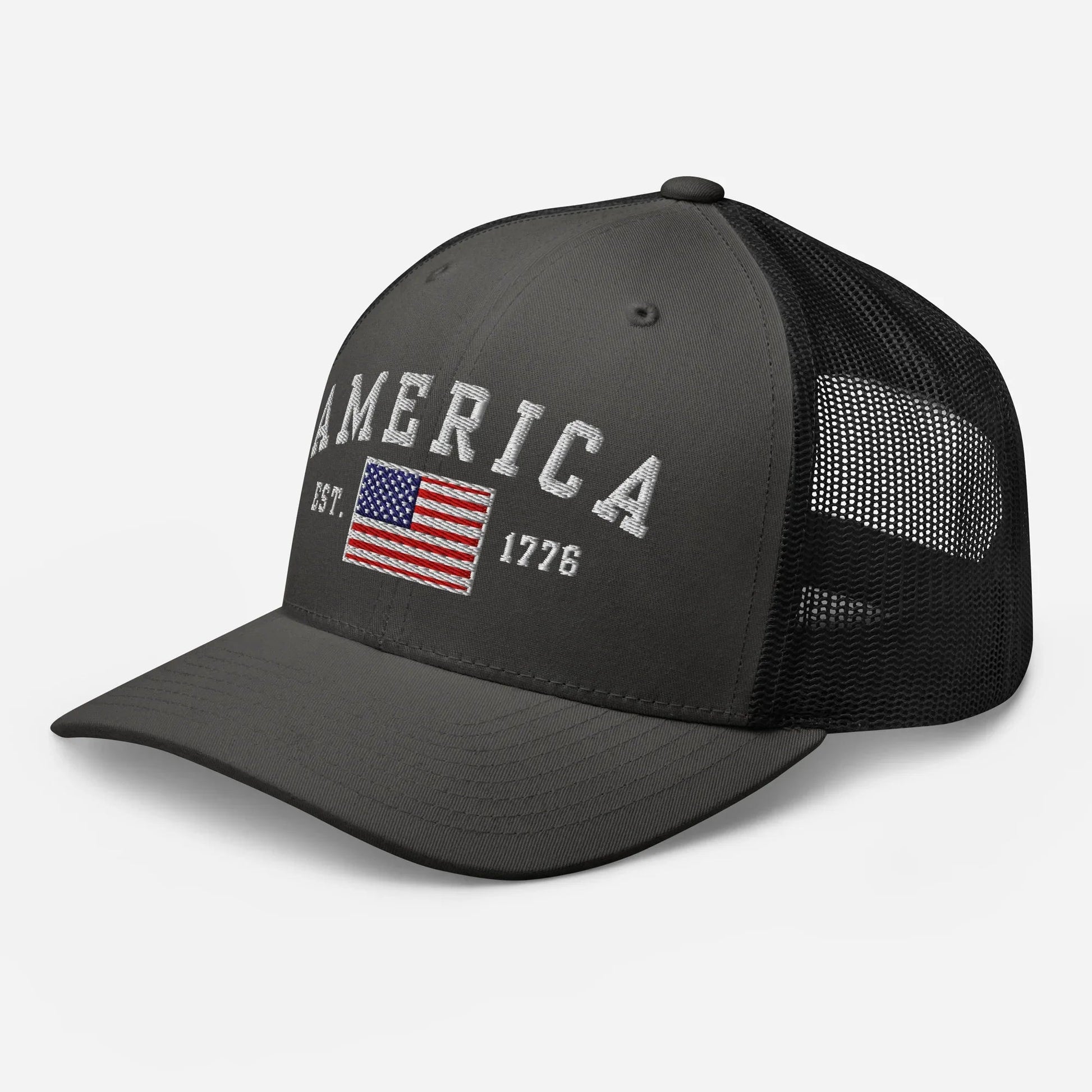 America Est. 1776 Trucker Hat – White Embroidery, Patriotic Cap for Proud Americans, Perfect Gift for Freedom Lovers - SKULLFURY MERCH