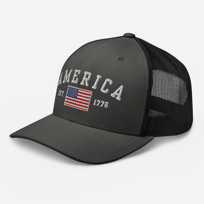 America Est. 1776 Trucker Hat – White Embroidery, Patriotic Cap for Proud Americans, Perfect Gift for Freedom Lovers - SKULLFURY MERCH