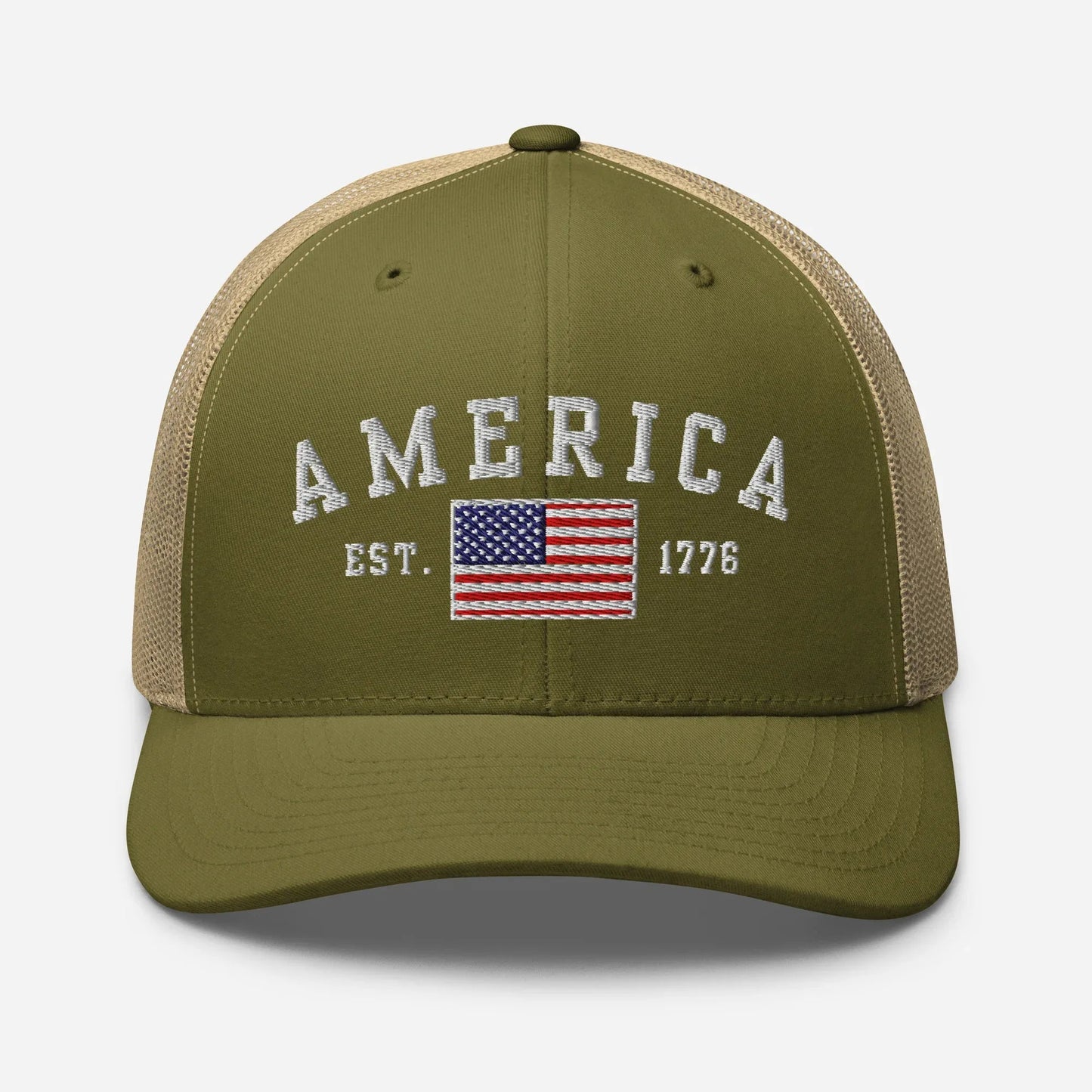 America Est. 1776 Trucker Hat – White Embroidery, Patriotic Cap for Proud Americans, Perfect Gift for Freedom Lovers - SKULLFURY MERCH